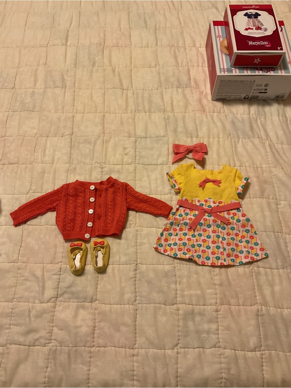 American Girl Yellow Floral Dress with Coral Cardigan and Accessories